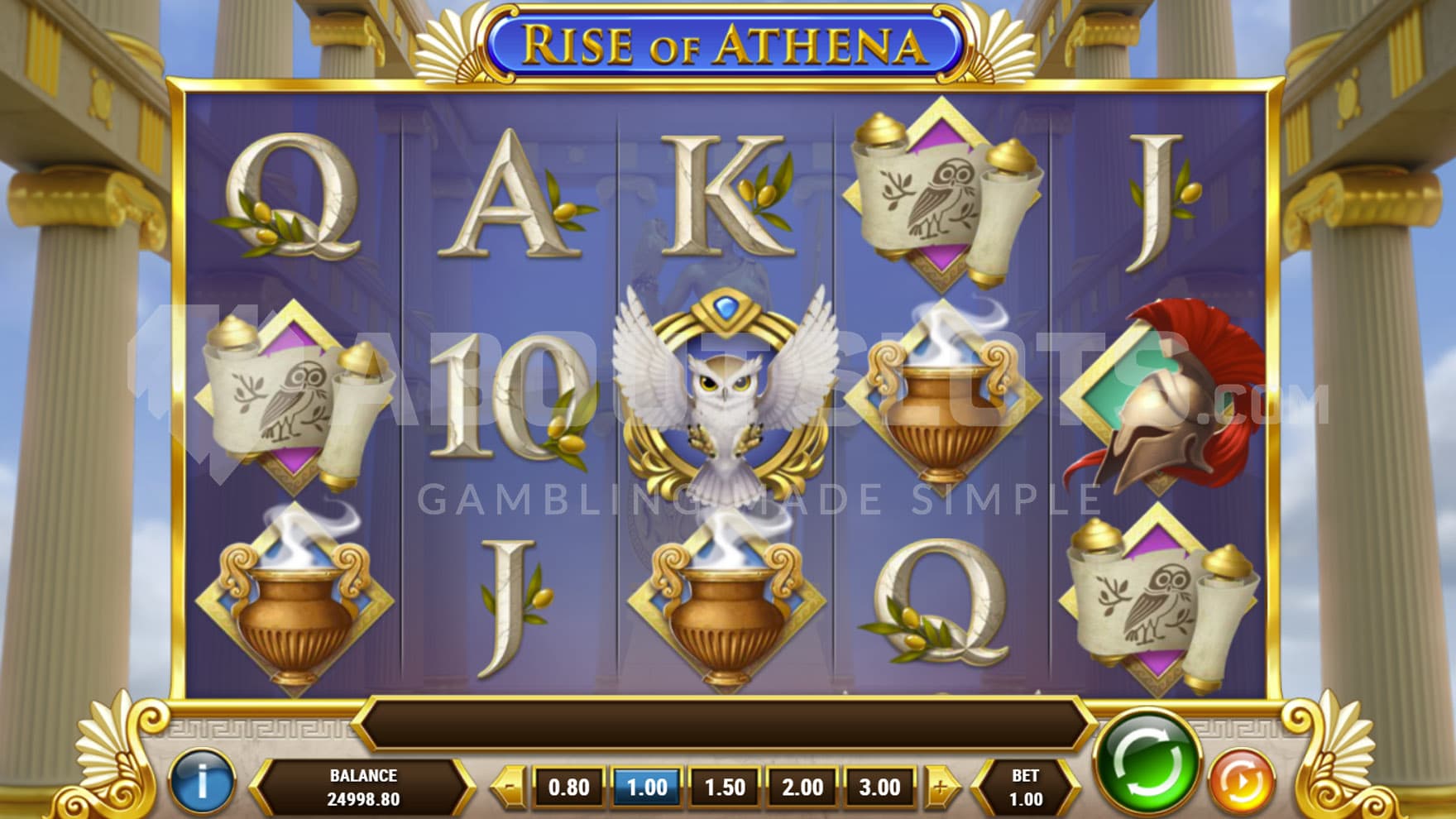 Base Game view of a 5x3 grid on a backdrop of an Ancient Greek temple.