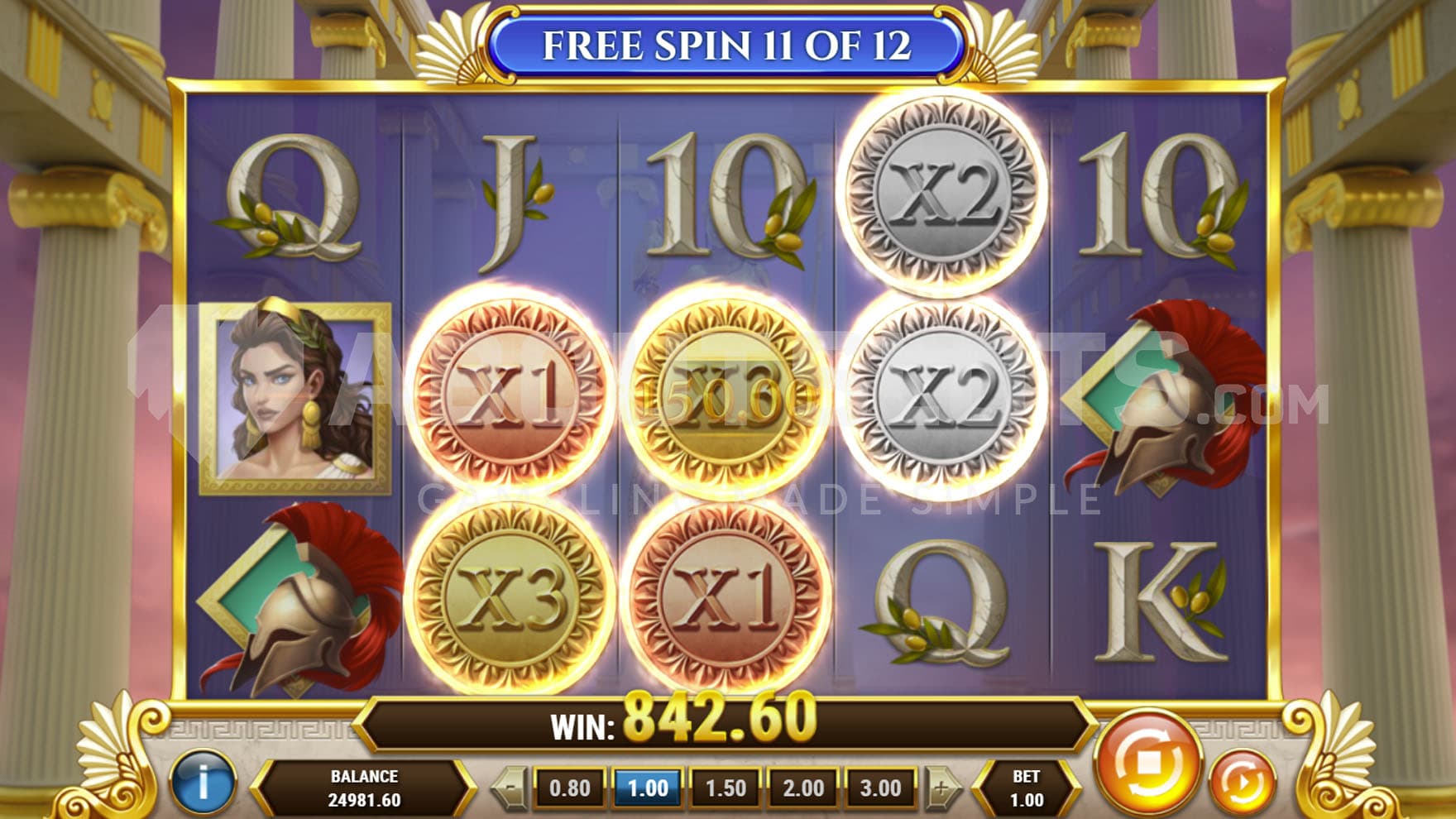 Free Spins bonus in progress, showing several Multiplier Wild with different values sticky on the middle 3 reels.