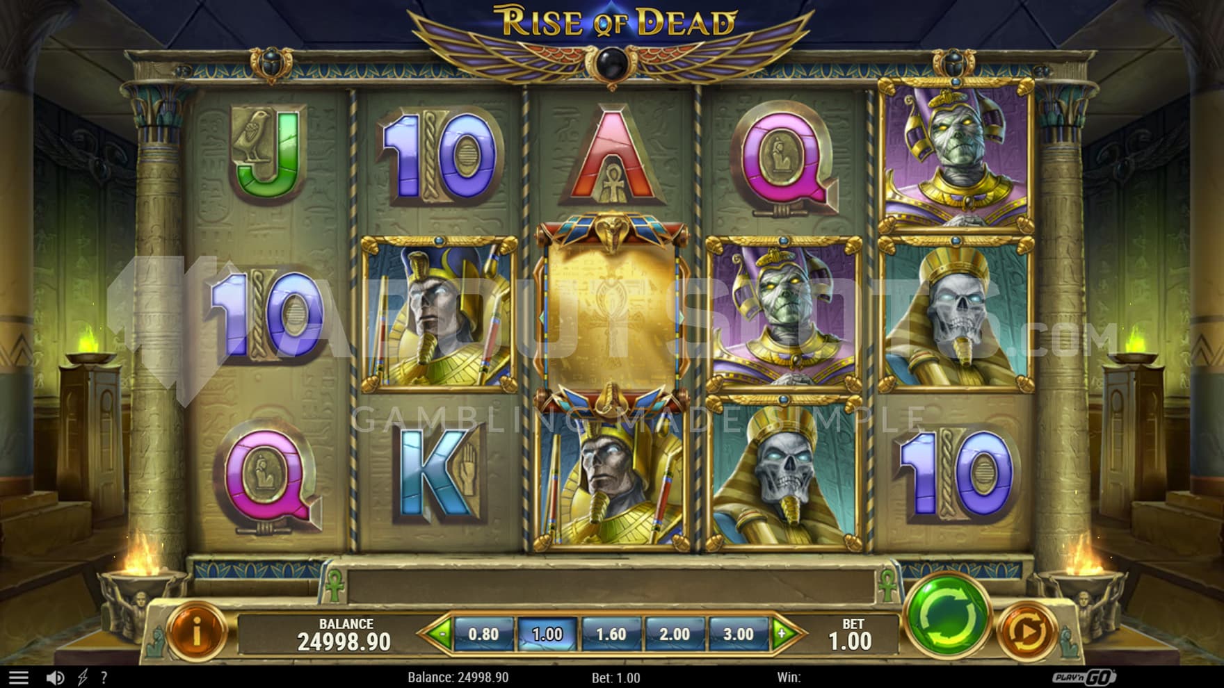 Base Game view of a 5x3 grid on a backdrop of an Ancient Egyptian tomb.