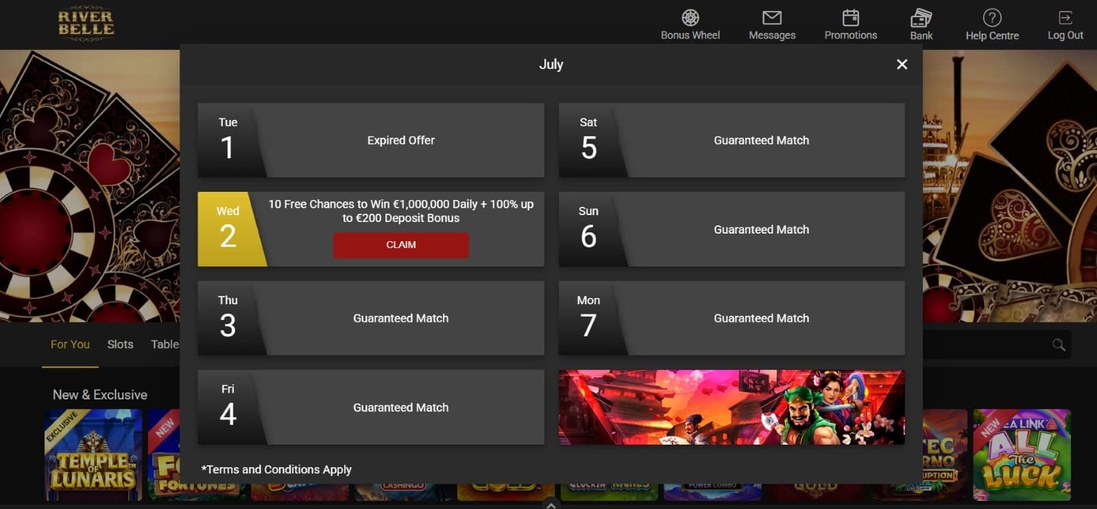 River Belle Casino promotions tab with first deposit bonus and 10 free chances and daily guaranteed matches 