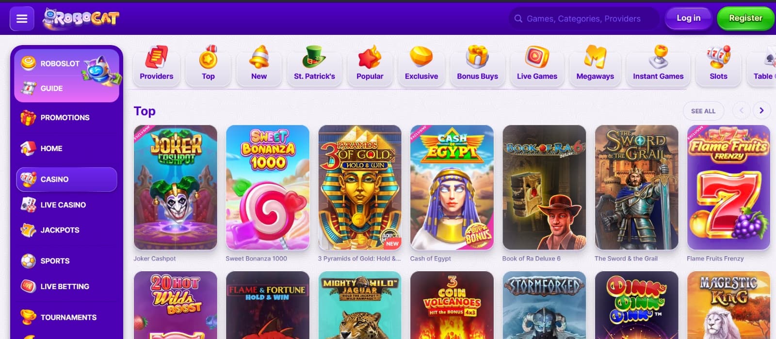 RoboCat Casino games page with Sweet Bonanza, Joker jackpot slots