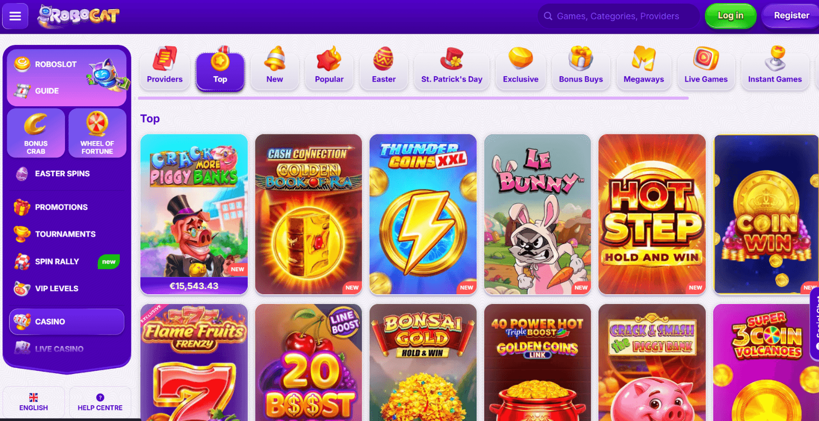 RoboCat Casino's game page featuring slot, jackpot and table game icons, next to left side purple menu