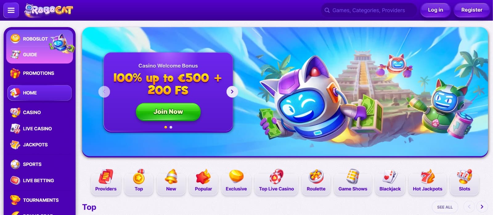 RoboCat Casino landing page with futuristic robotic cats banner and game category tabs 