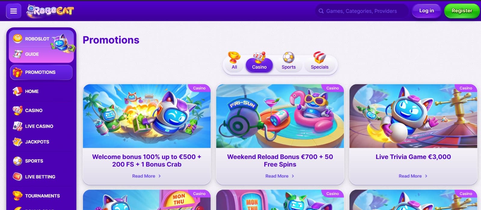 RoboCat Casino promotions page with 100% welcome bonus up to 1500 eur , weekend reloads and trivia game