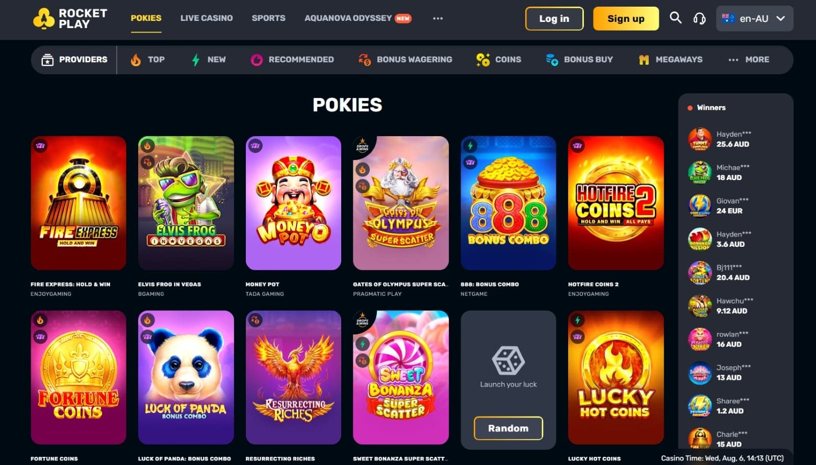 Rocketplay casino games page listing slots such as Luck of Panda and Sweet Bonanza Scatter