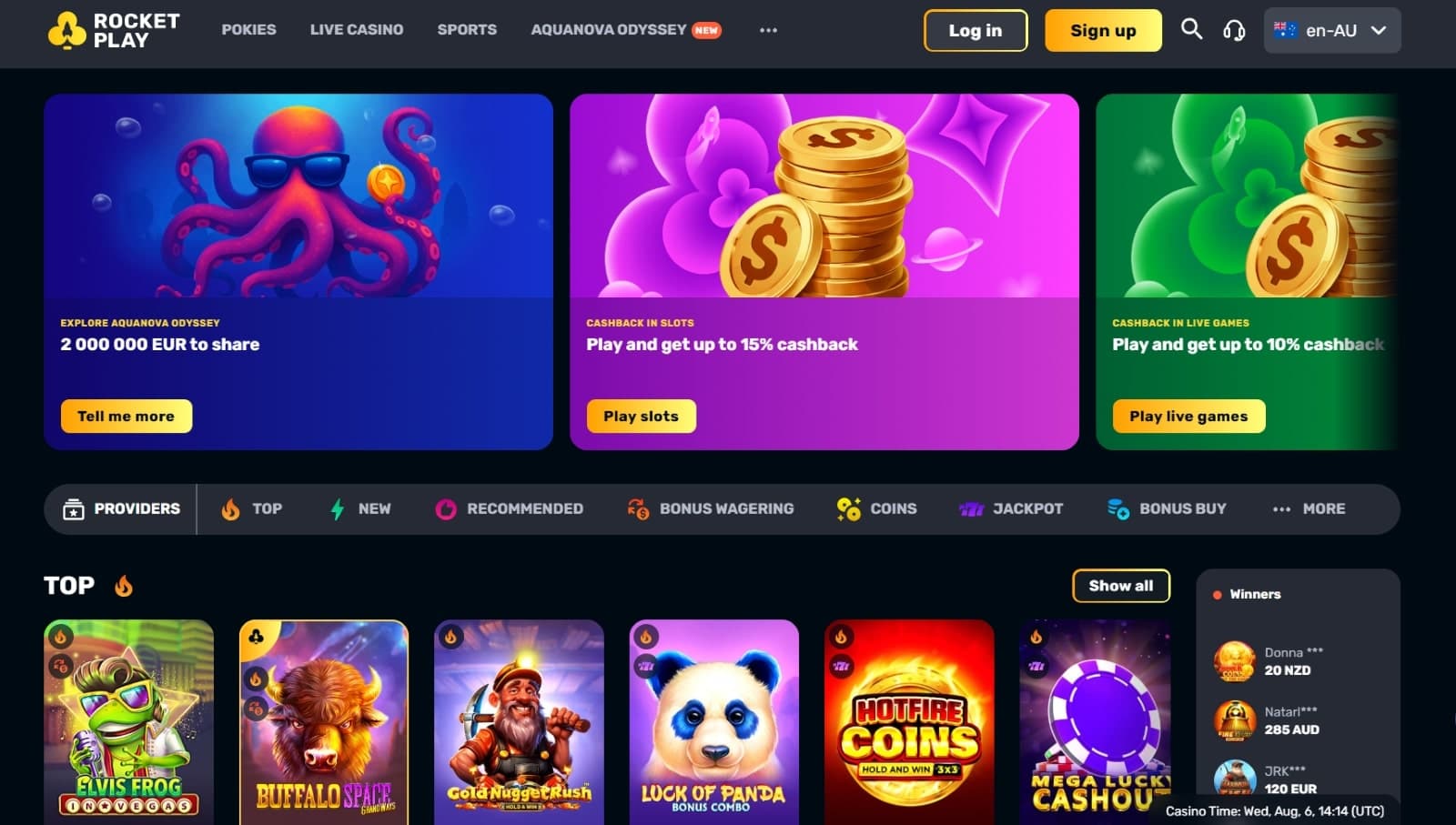 Rocketplay casino landing page with reel of current promotions and tournaments and features games sections