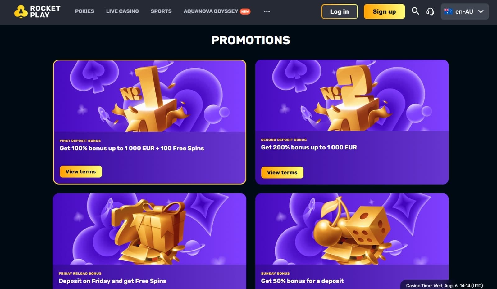 Rocketplay casino promotions page featuring first deposit bonuses and Friday and Sunday reload bonuses with gold and purple casino images