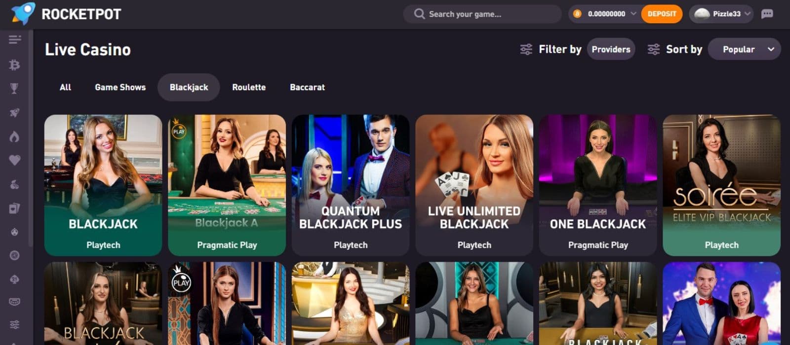RocketPot Casino's live games section, showing variations of blackjack.