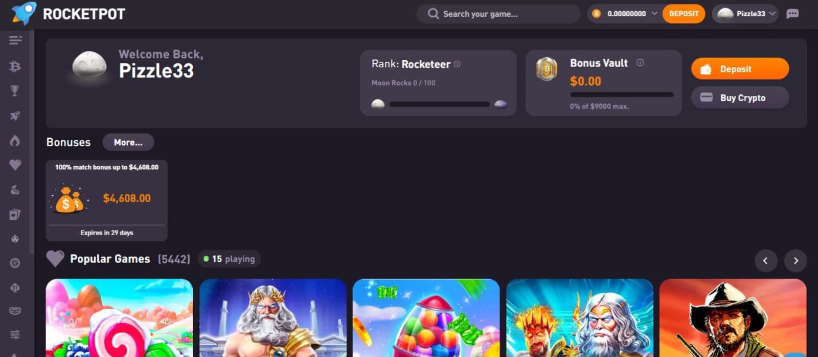 RocketPot Casino's landing page, showing the welcome bonus and some popular games on the site.