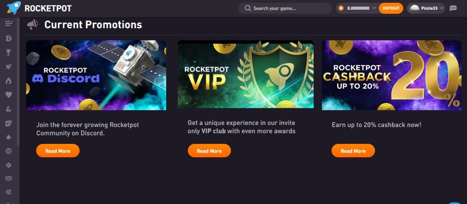 RocketPot Casino's promotion page, showing 20% cashback and other rewards.