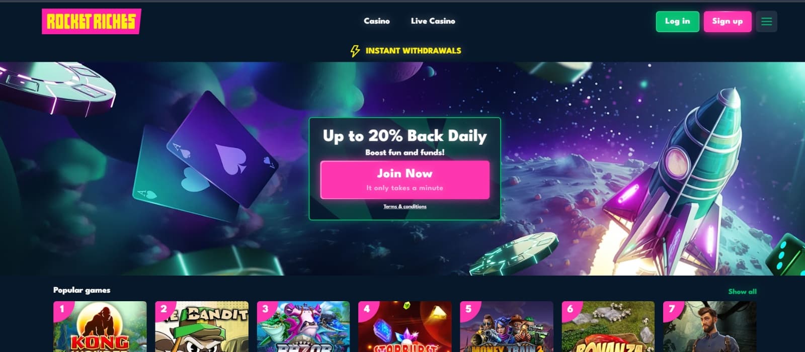 Rocket Riches Landing Page with green rocket and game cards in space