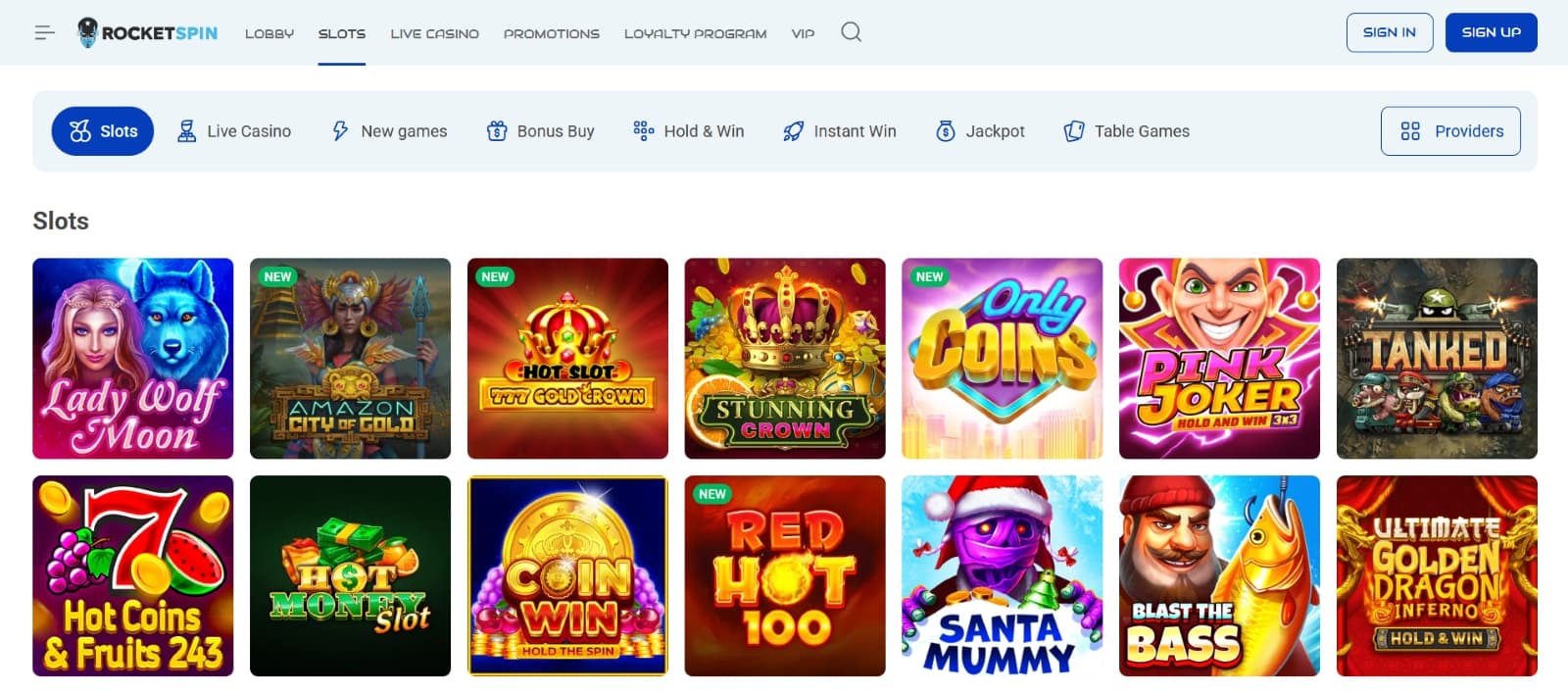 Rocket Spin Casino games page with slots such as Lady Wolf Moon under game category tabs