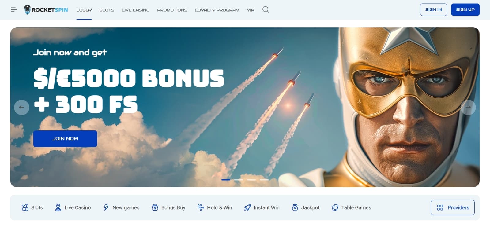 Rocket Spin Casino landing page with promotional  banner with masked hero and bonus of 5000 eur 