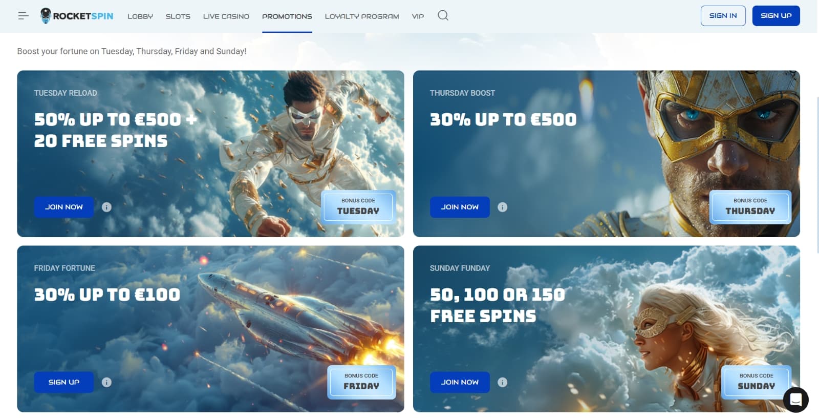 Rocket Spin Casino promotions page with weekly and weekend reload bonuses on images with superheroes