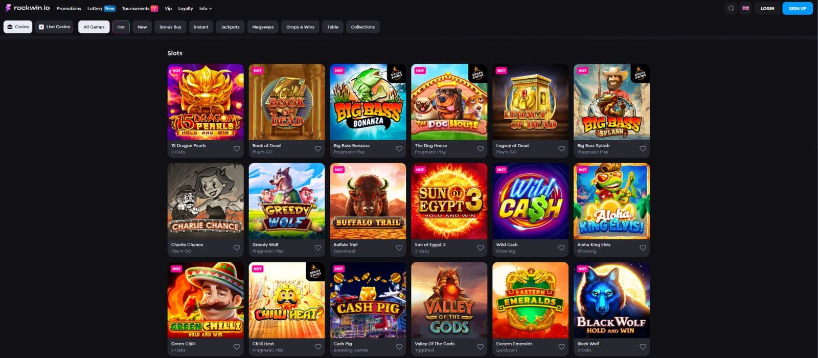 Rockwin Casino games page showing a selection of slots with the game categories menu on top
