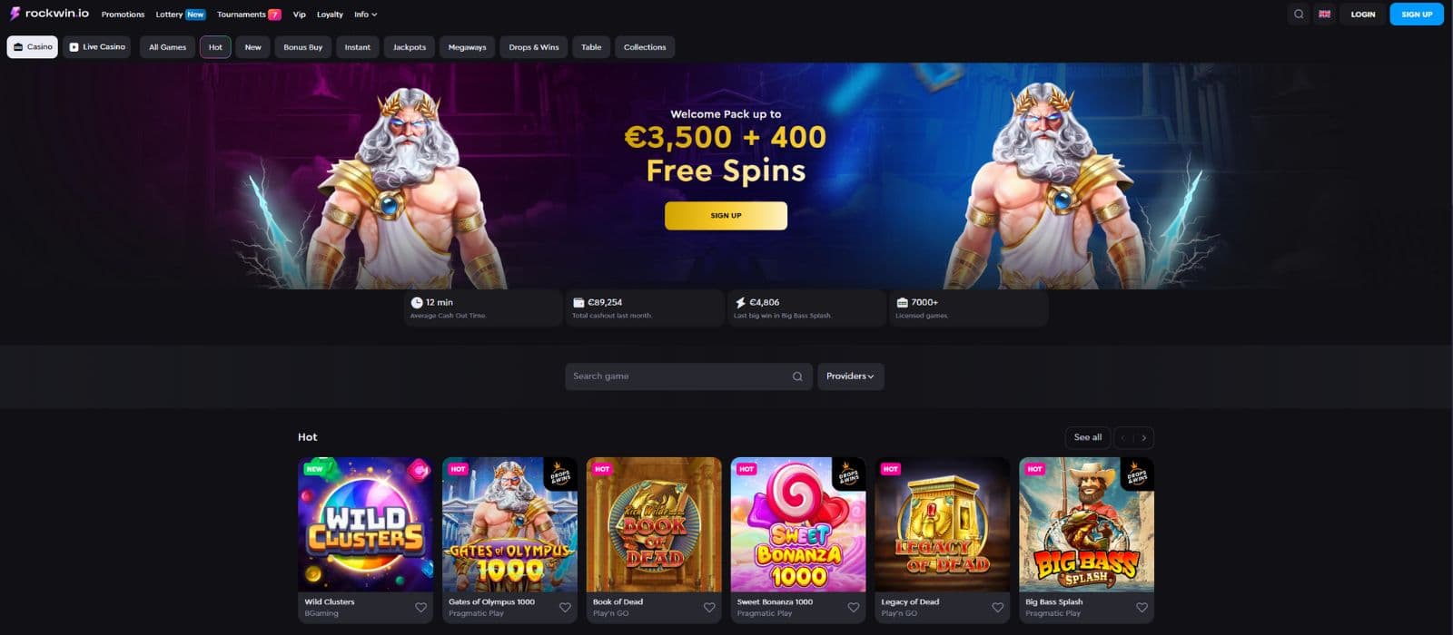 Rockwin Casino landing page showing the welcome offer, main menu an a selection of games