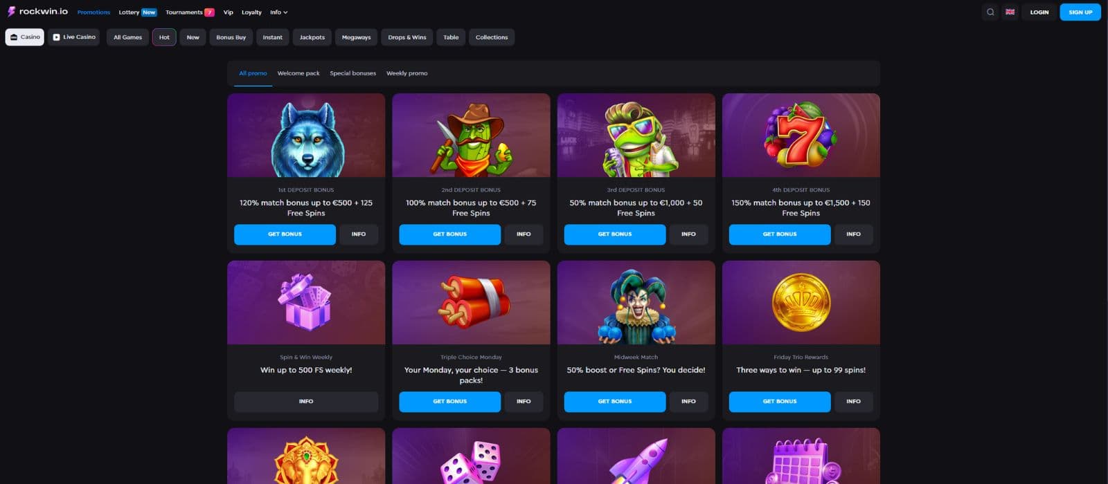 Rockwin Casino promotions page showing the available bonuses and promotions