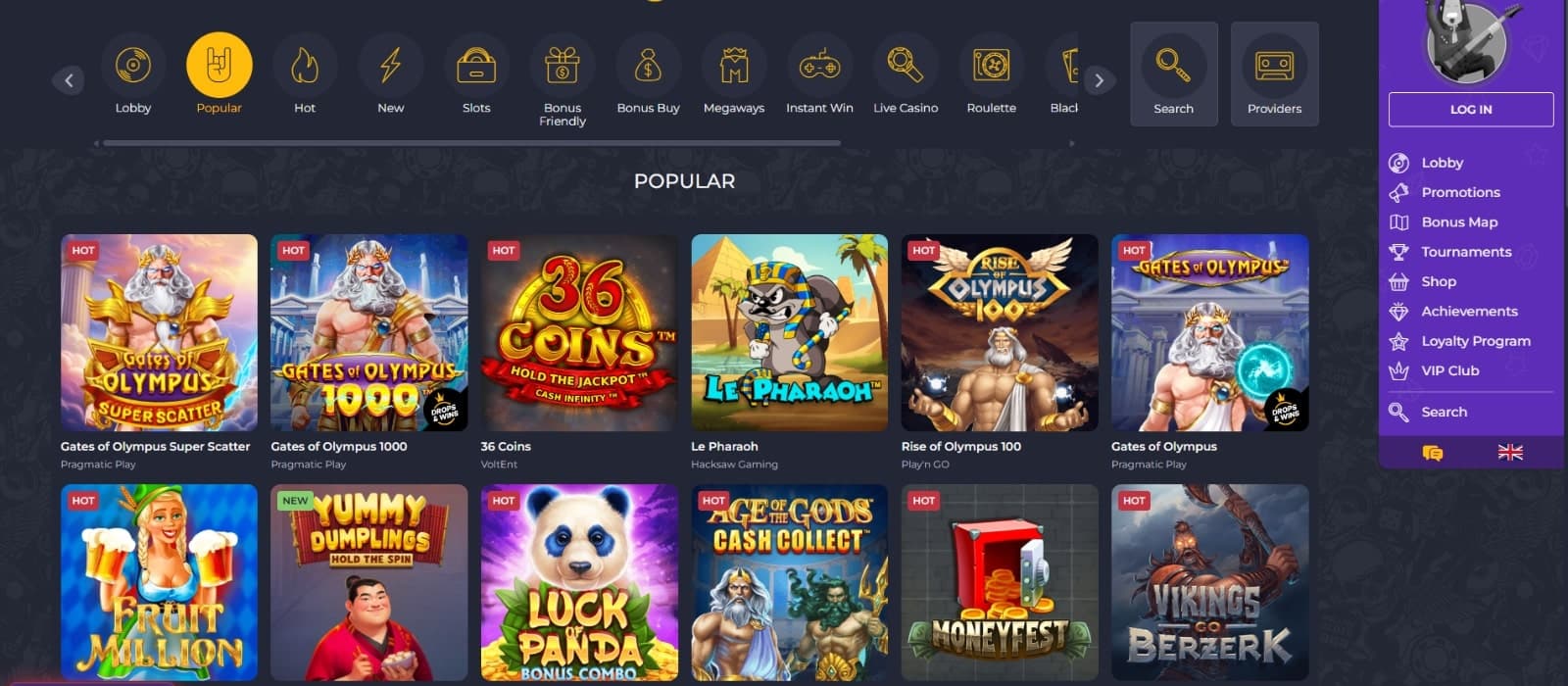 The gaming page at Rolling Slots has several popular slots like Le Pharaoh and Gates of Olympus.