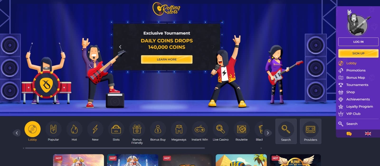 Rolling Slots landing page featuring the exclusive tournament of daily coins over image of a rock star band