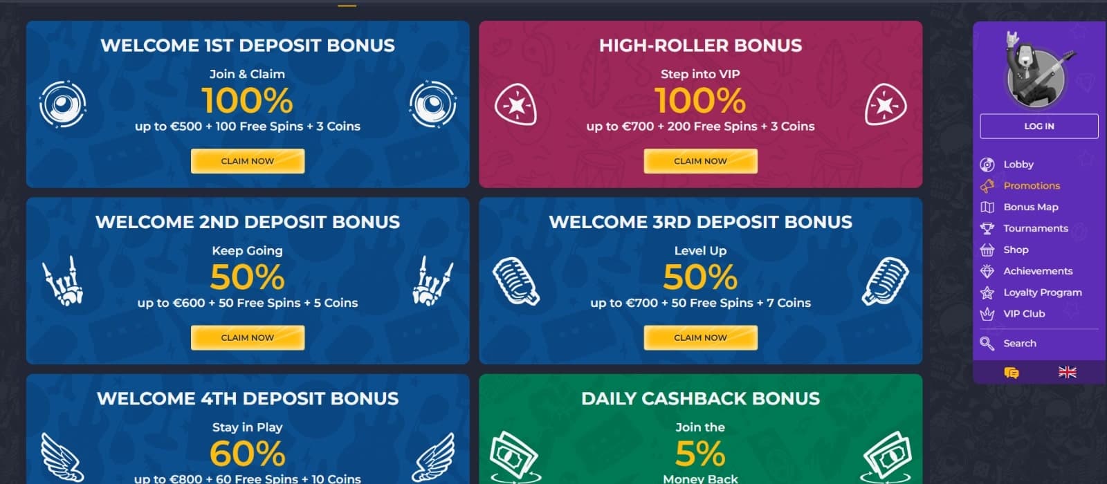 The promotion page at Rolling Slots offers several nice promotions, including a first deposit bonus of 100% up to 500 EUR + 100 free spins, high roller bonus of 700 eur