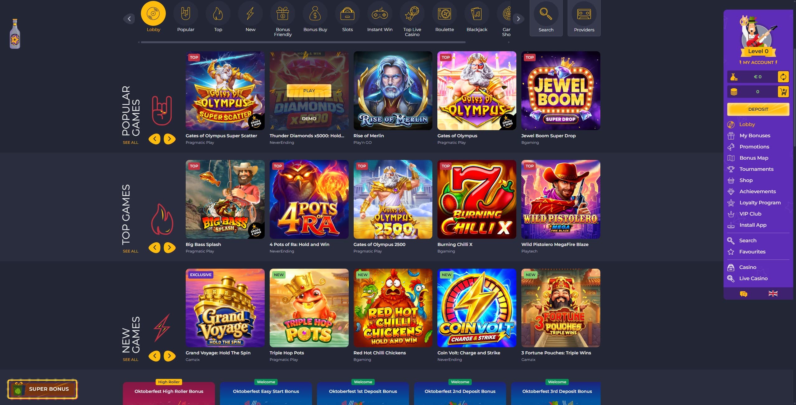 RollingSlots Games Page showing a selection of slot games