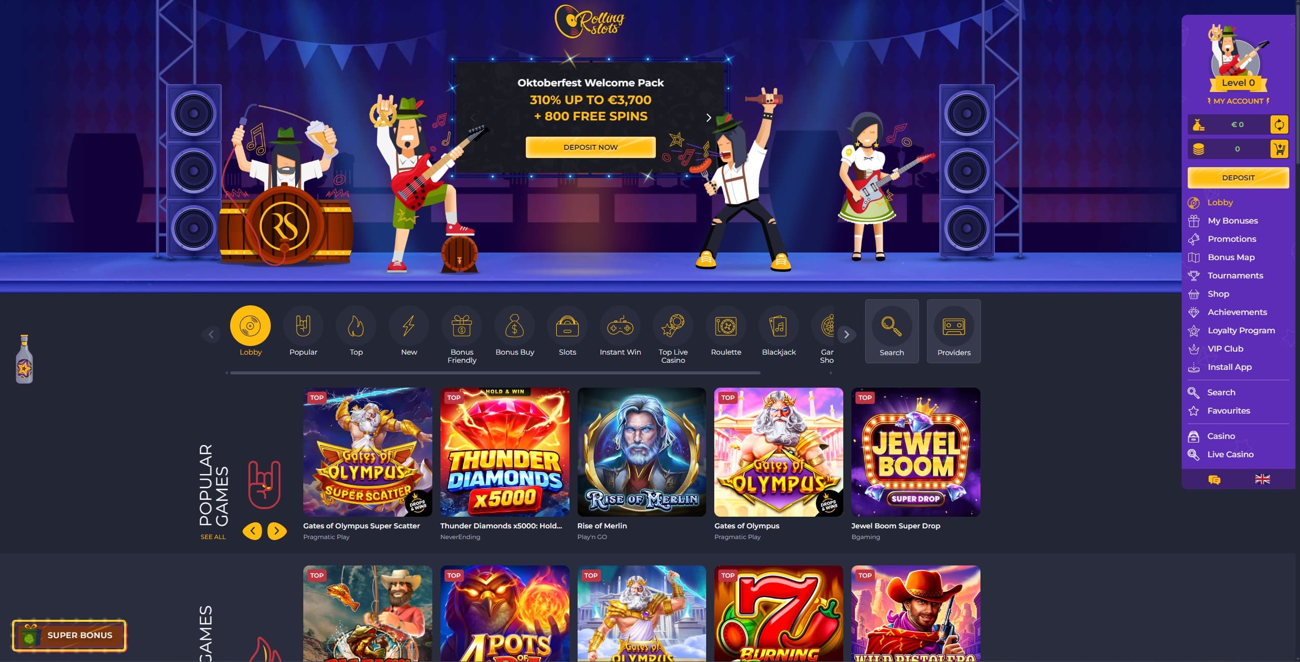 RollingSlots Landing Page showing a selection of games and the main menu