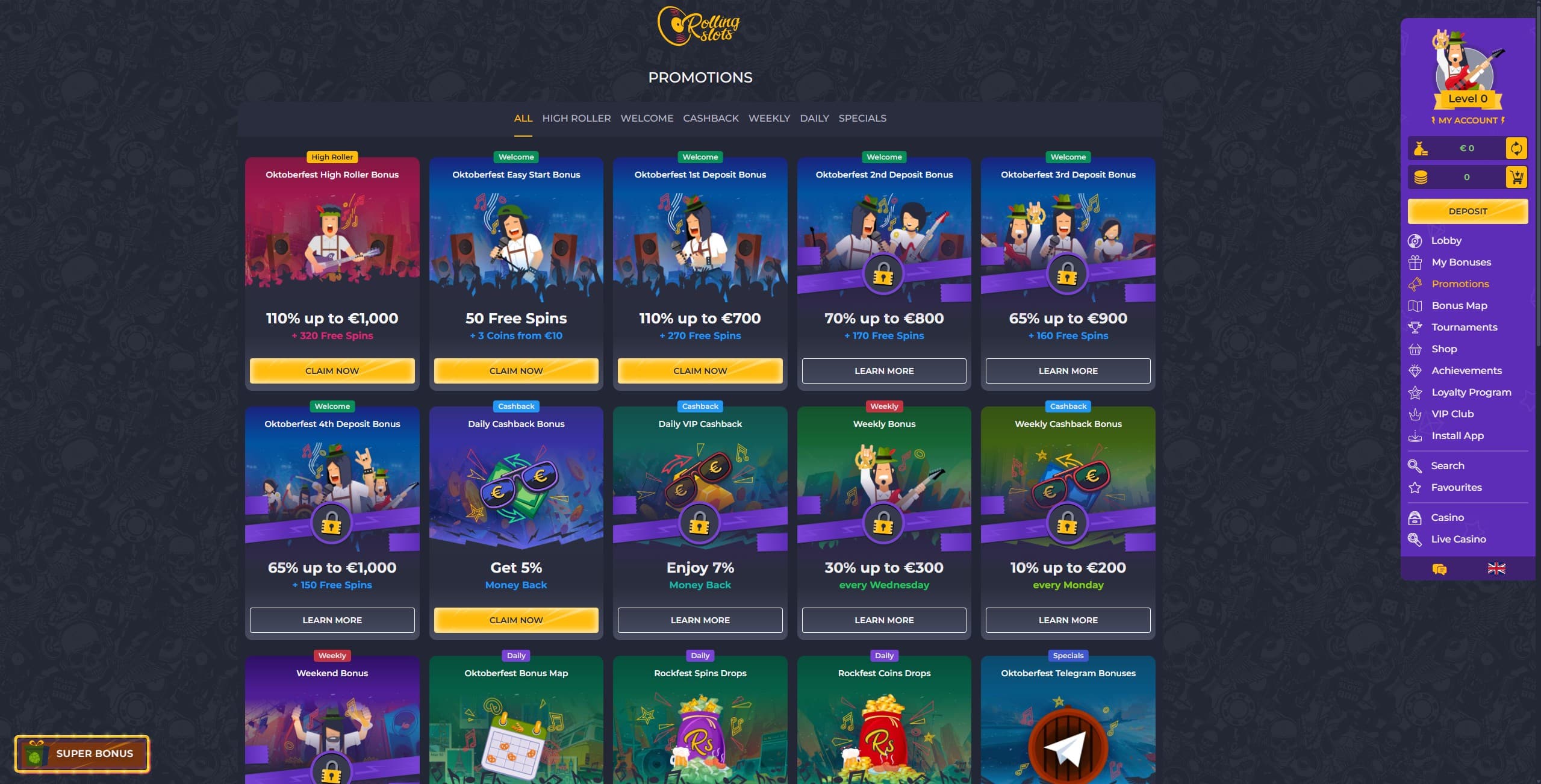 Rollingslots Promotions Page showing the available bonuses and promotions