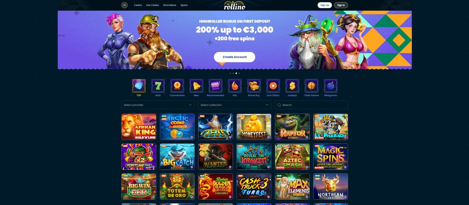 Rollino Casino games page showing a selection of slots and the available game categories and search filters