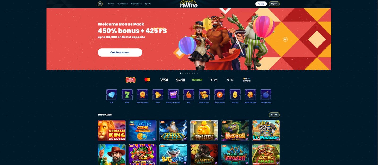 Rollino Casino landing page showing the welcome bonus offers, game categories and a few selected games