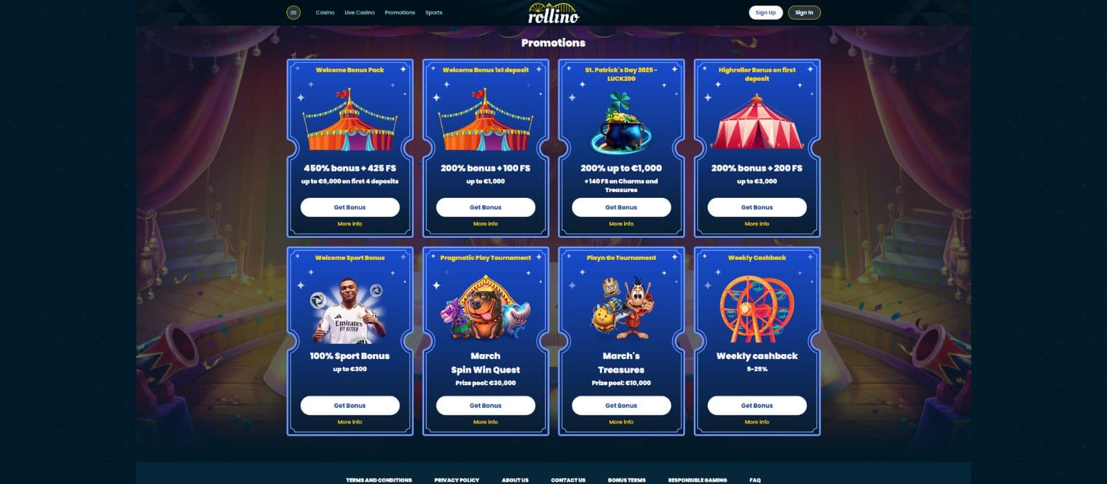 Rollino Casino promotions page showing all the available bonuses and promotions