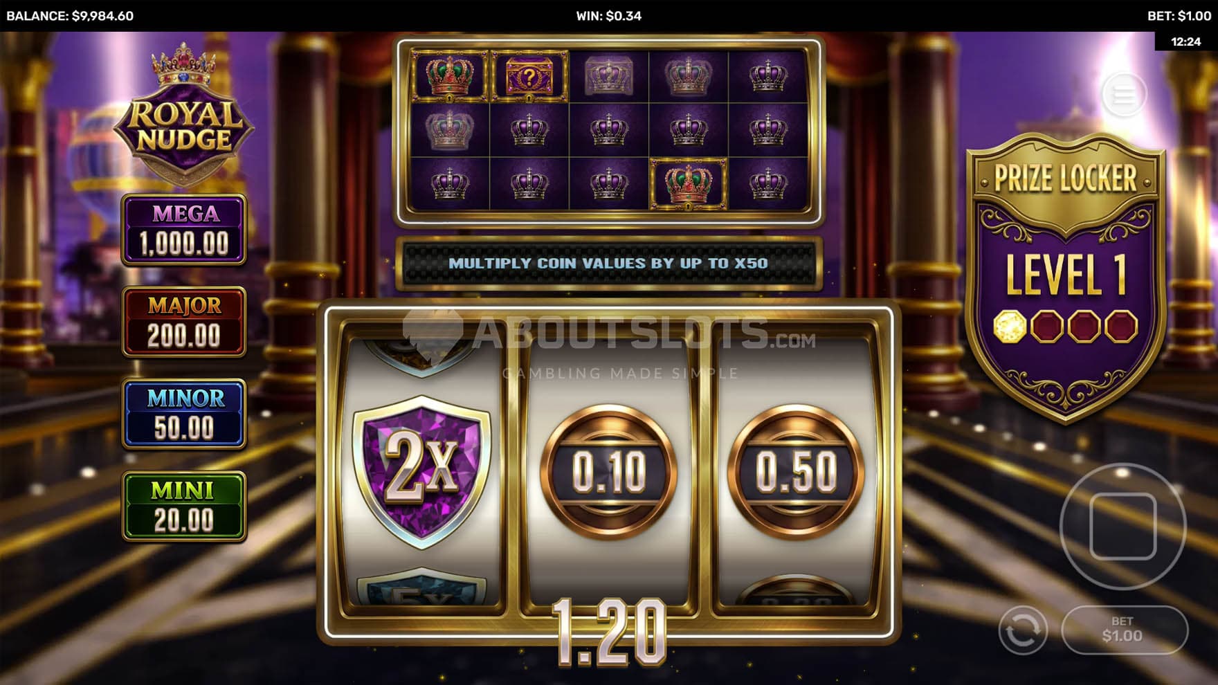 Screenshot of the base game, showing a 3-reel panel on a backdrop of a luxurious studio.