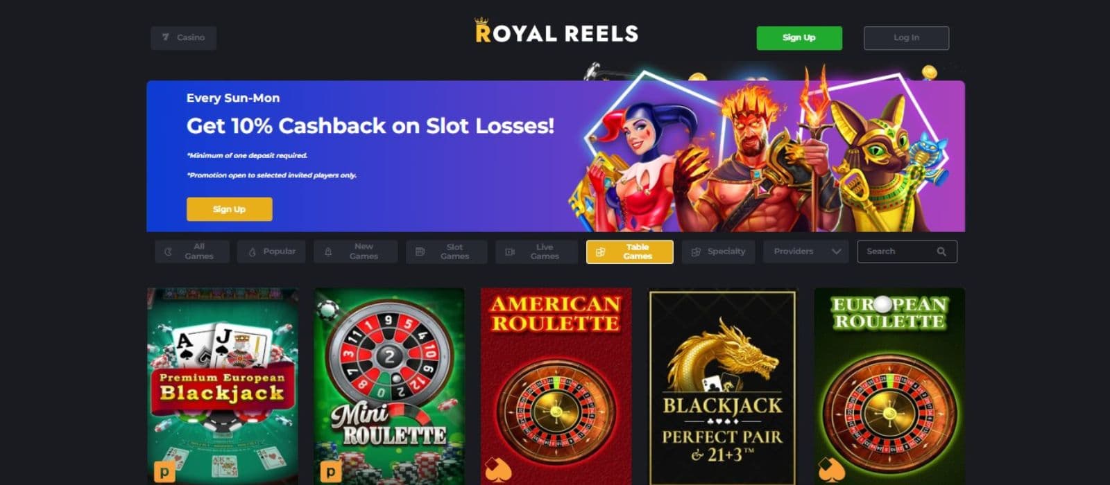 Royal Reels Casino's table games category, showing variations of blackjack and roulette.