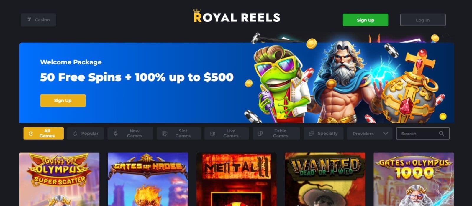 Royal Reels Casino's homepage, showing the first-deposit welcome bonus and game avatars. 