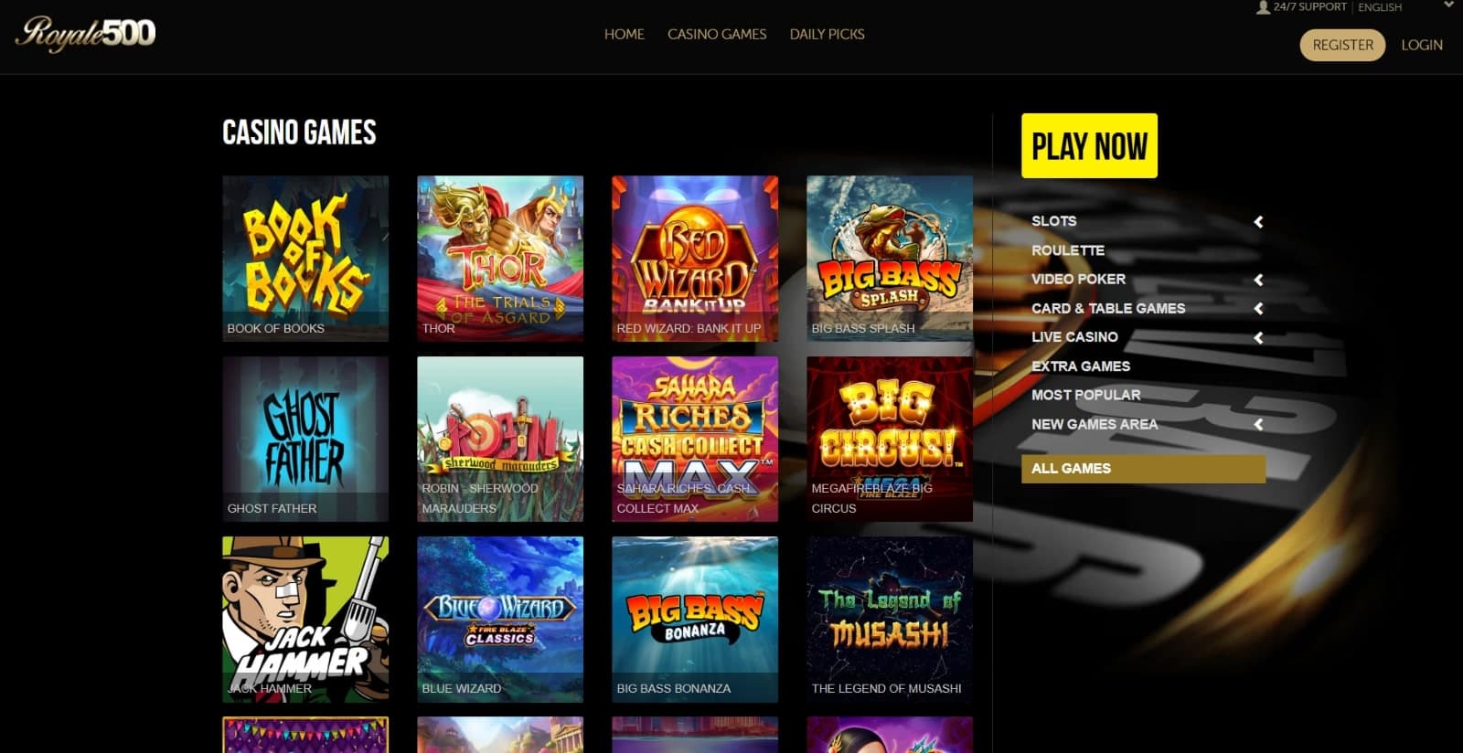 Royale500 Casino games page with slot game icons next to game category menu for table, live and slots games
