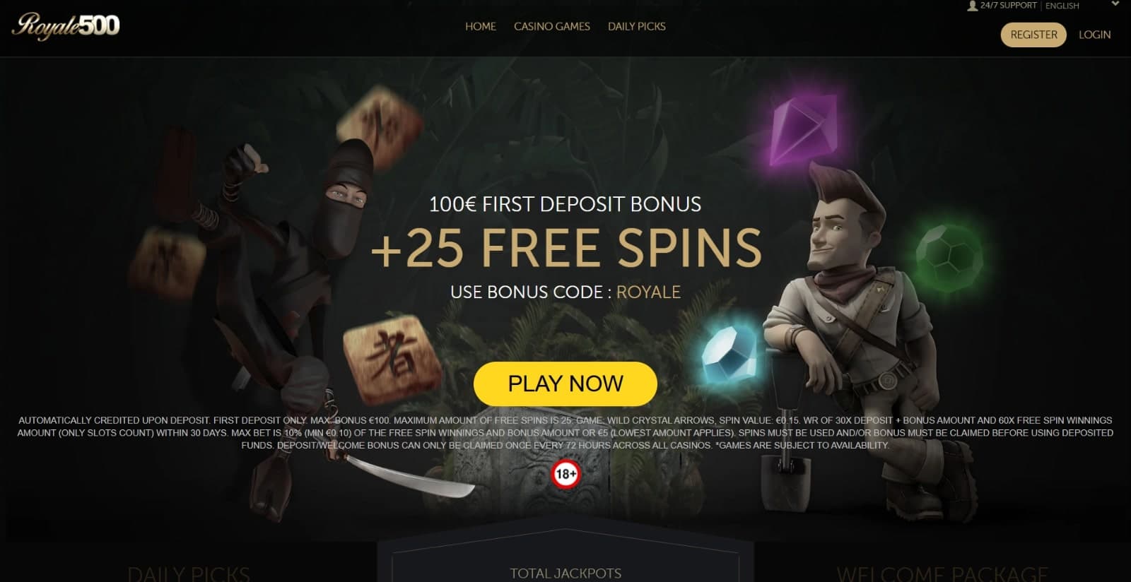 Royale500 Casino landing page with the first deposit bonus offer banner with images from slot games like Book of Dead, description of the bonus below and top casino navigation menus