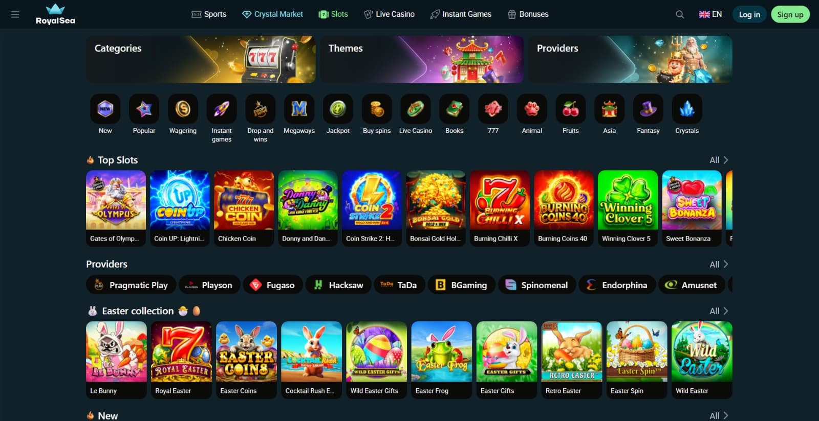 RoyalSea Casino's games page displaying the main collections, genres and categories for slot and table games