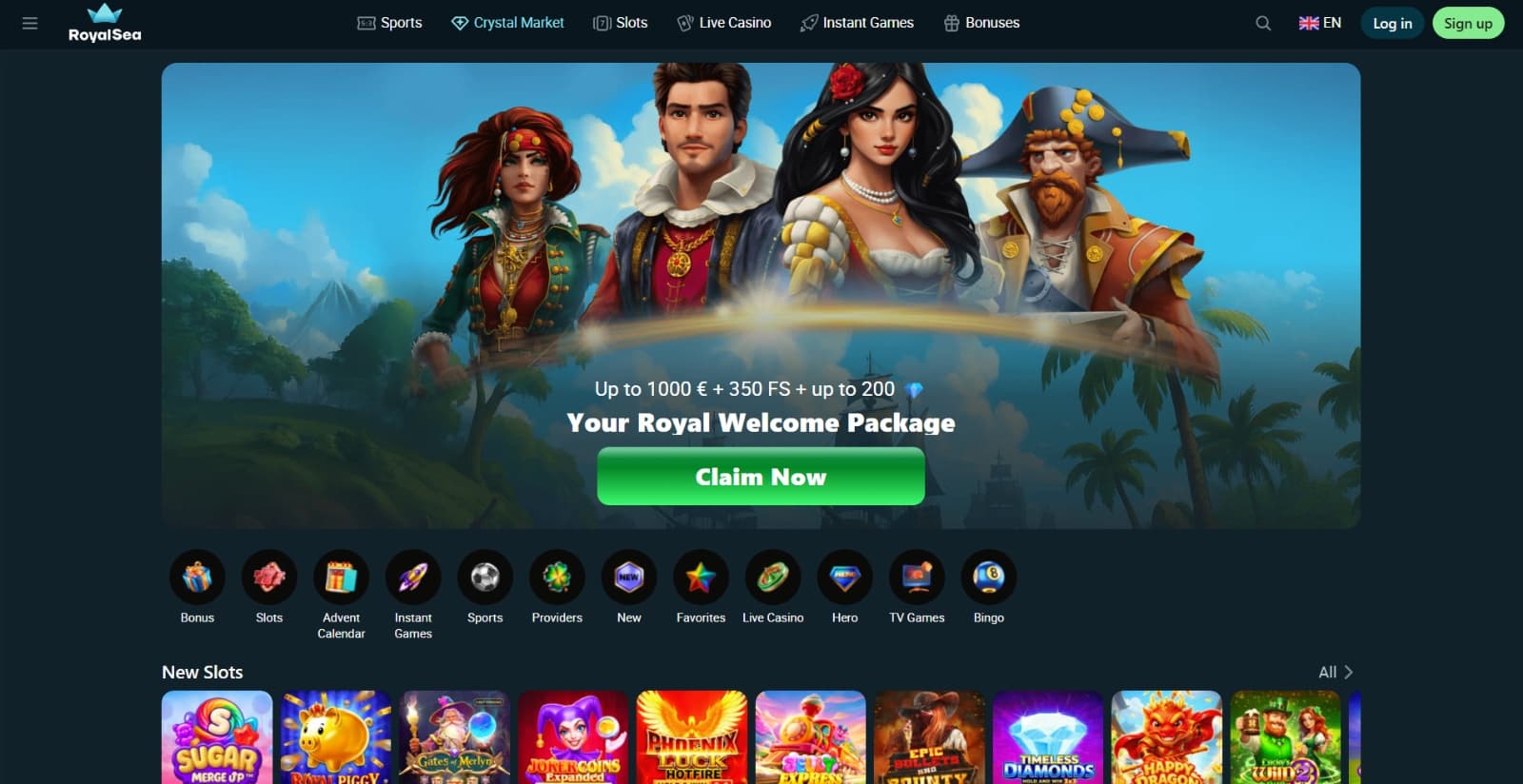 RoyalSea Casino's Landing page featuring the welcome bonus banner with royal pirates above main game categories and slot icons