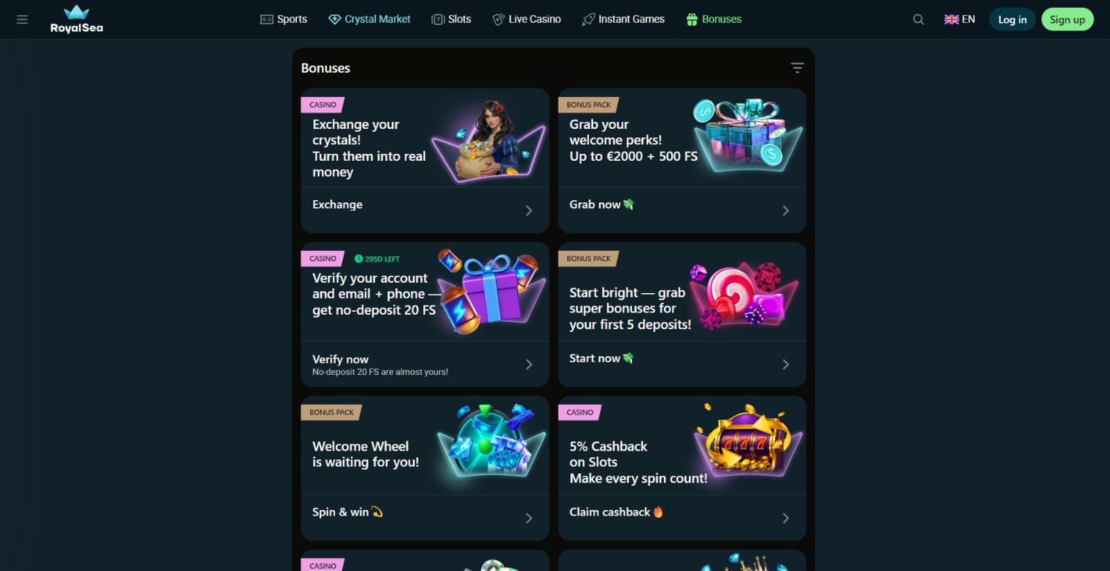 RoyalSea Casino's promotions page featuring the welcome bonuses, cashback, no deposit bonus and other offers