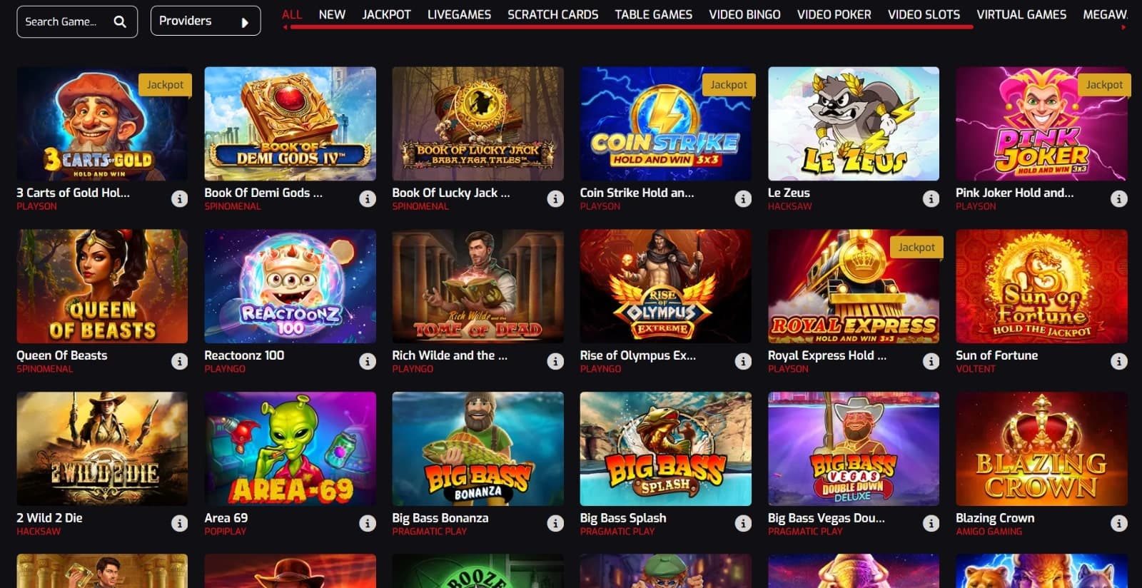Royal Stars Casino's games page featuring slot titles such as Reactoonz and Rise of Olympus under menu with provider filter and game categories