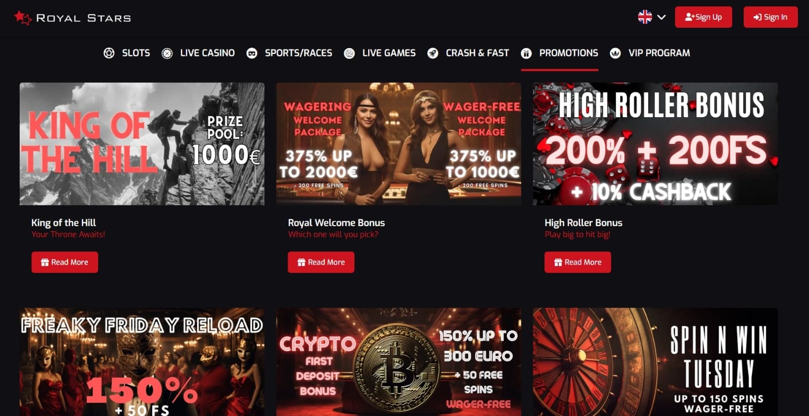 Royal Stars Casino's promotions page featuring the prize pool, wager free welcome bonus, standard welcome bonus offer, reload bonuses, and tournaments with their respective banners