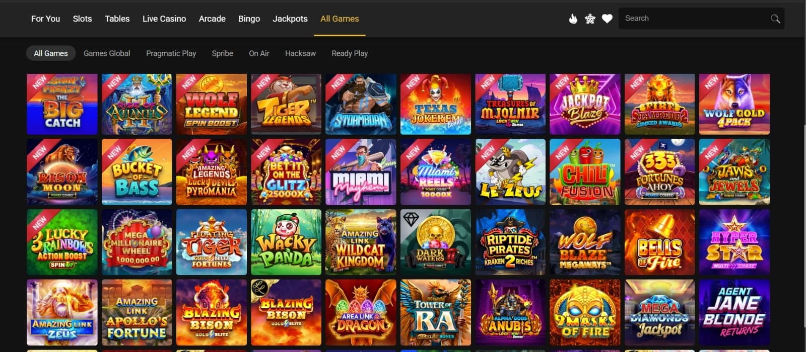 Royal Vegas Casino's game page listing the slot, table games and love casino titles, such as Le Zeus and Wolf Gold