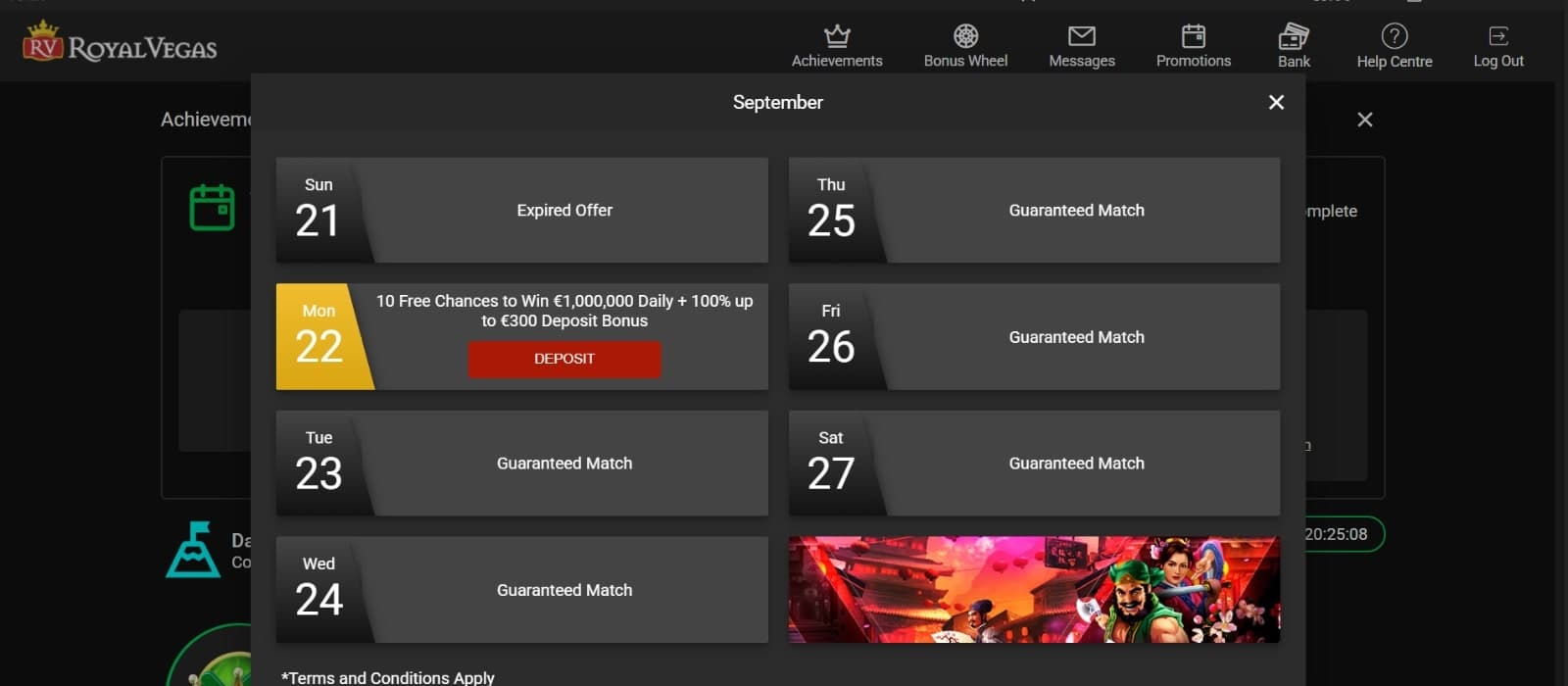 Royal Vegas Casino's Promotion section pop-up featuring the 100% deposit bonus of 300 euros and bonus calendar