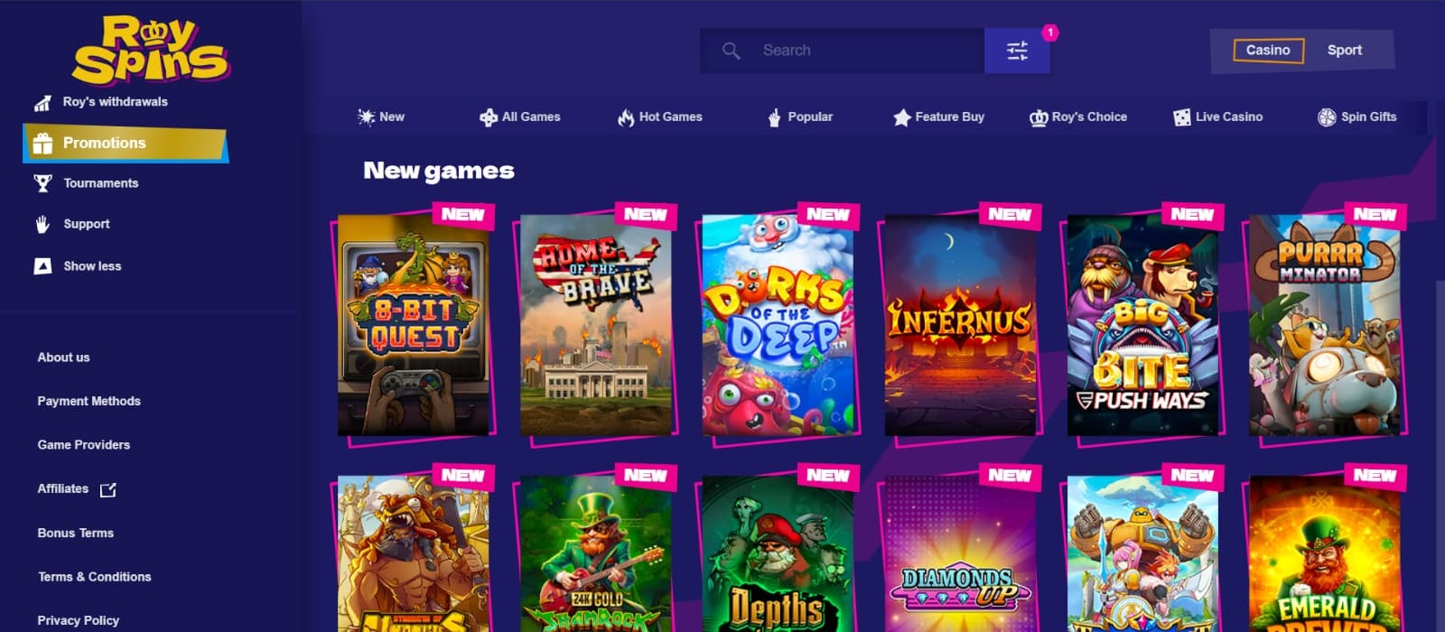 RoySpins Casino Games page with new slot titles under filtering options