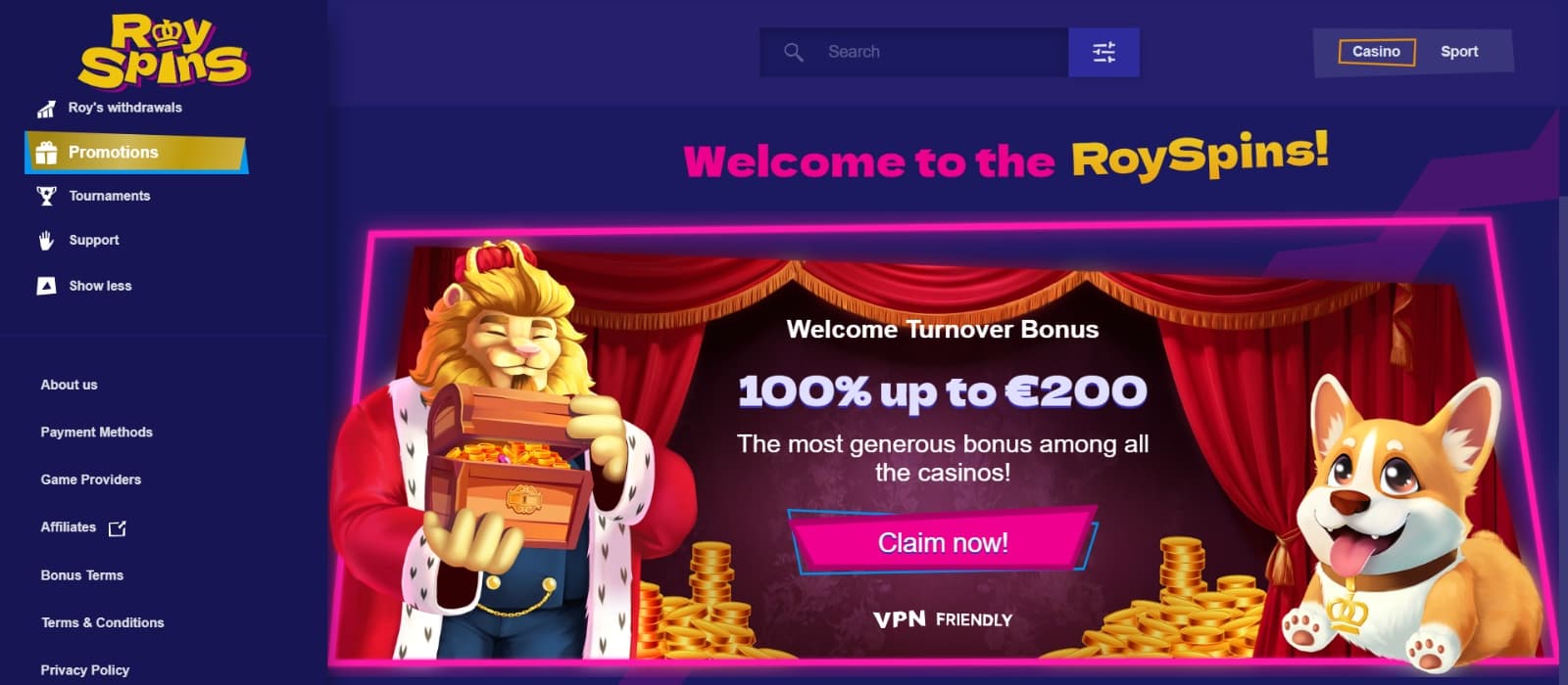 RoySpins Casino landing page with Roy the Lion and his Corgy on promotional banner