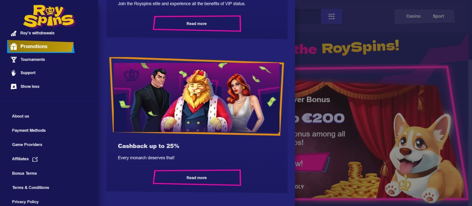 RoySpins Casino promotions page with cashback bonuses