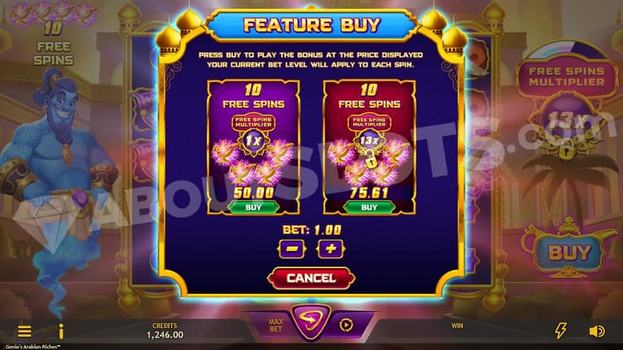 A menu offering 10 Free Spins with a 1X multiplier for 50X the bet or 10 Free Spins with a 13X multiplier for 75.61X the bet.