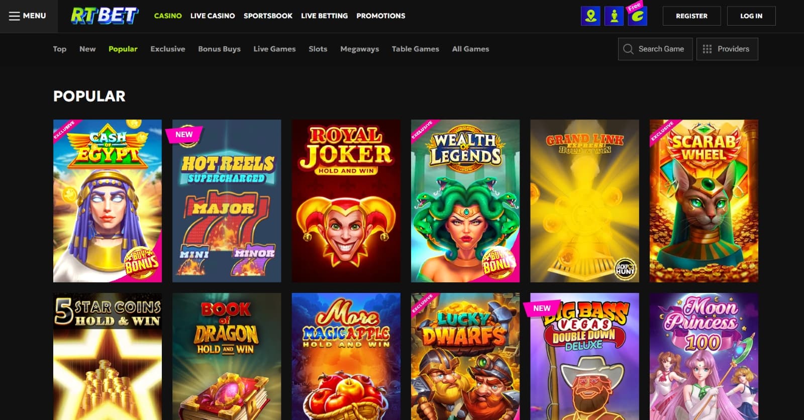 RTbet Casino games page with popular titles under game categories and search filter