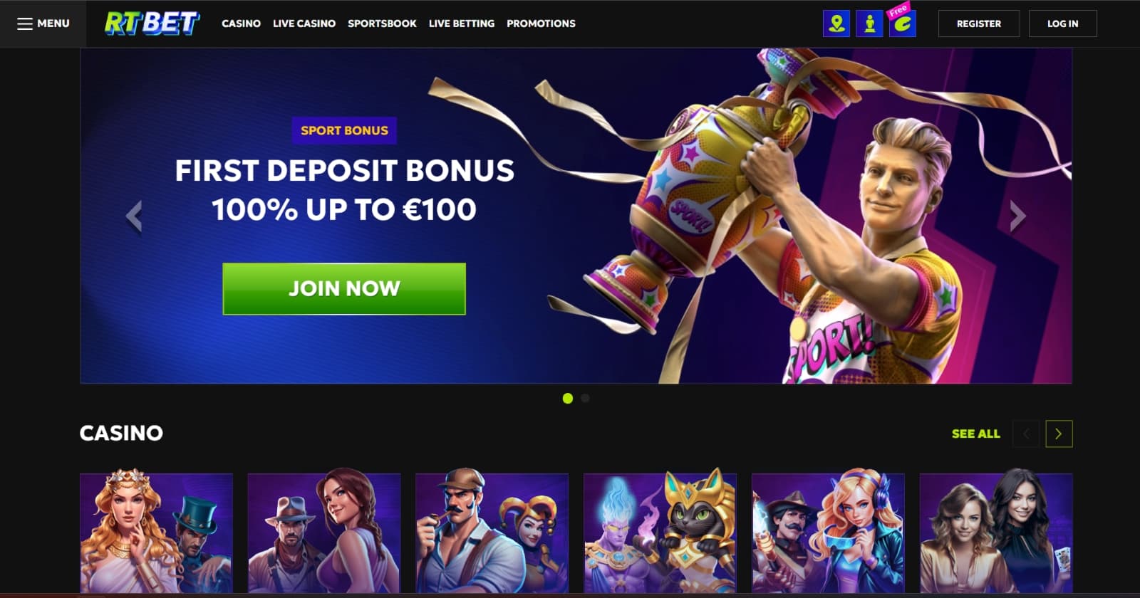 RTbet Casino welcome page with sign up  bonus of 100% to 100 eur 