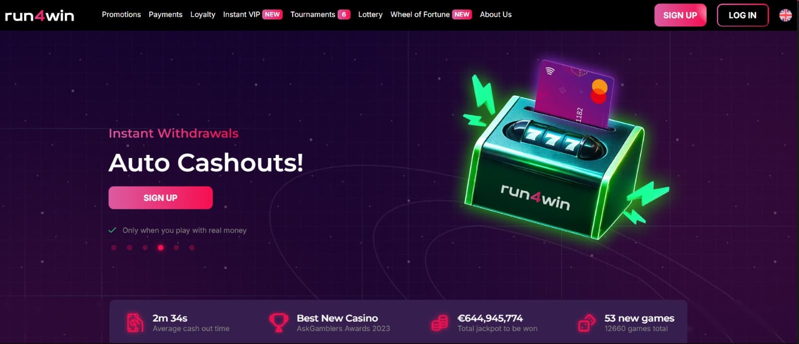 Run4win Casino landing page with autocashout image and main navigation tabs 