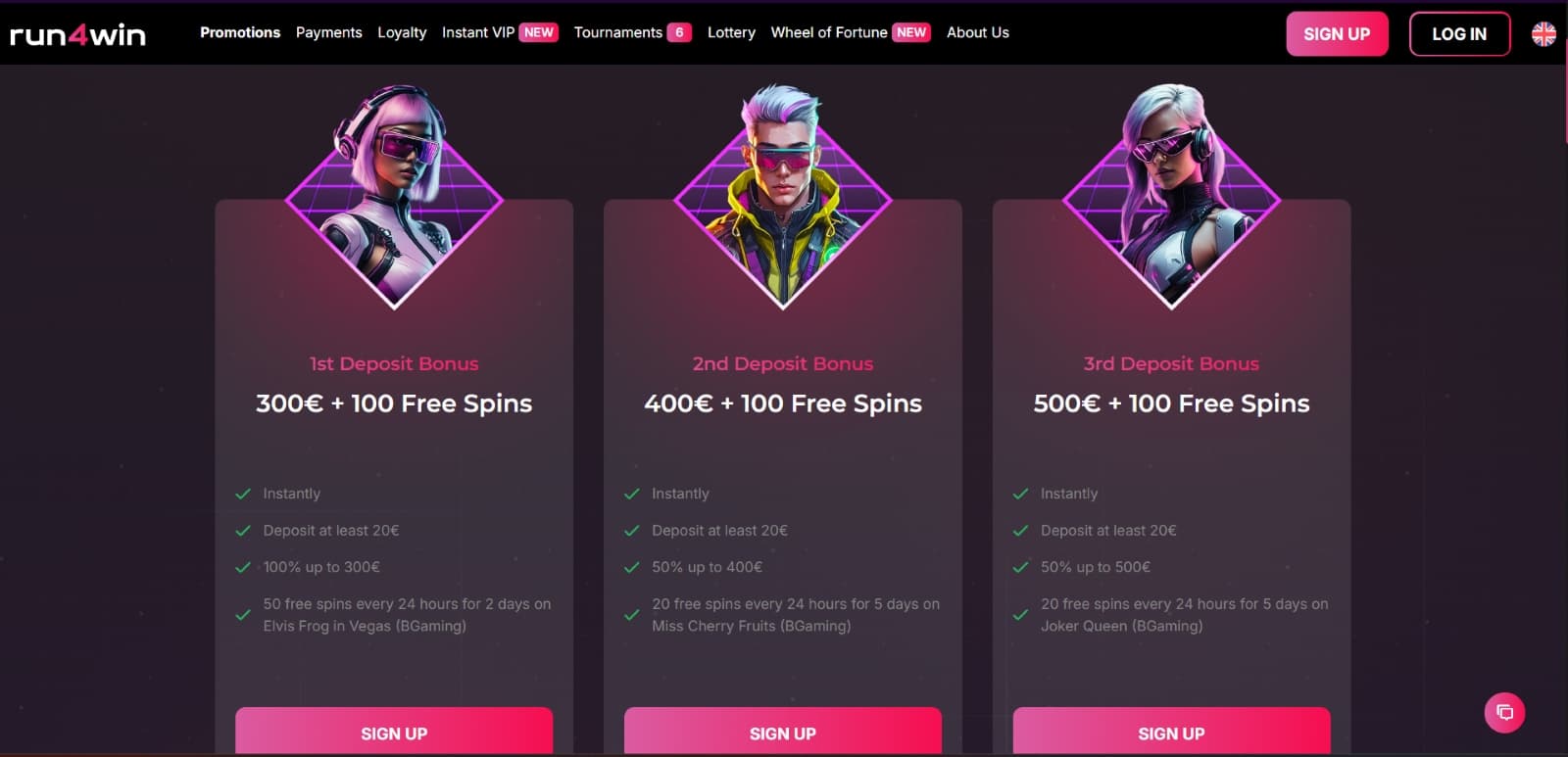 Run4win Casino promotions page with 3 deposit welcome bonus with cyberpunk characters 